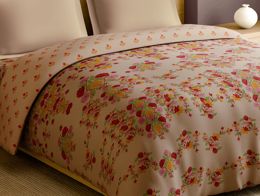 Rangana Multi 100% Cotton Double Quilt, 210 TC, Floral, Beige