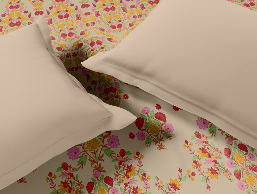 Rangana Multi 100% Cotton Double Quilt, 210 TC, Floral, Beige