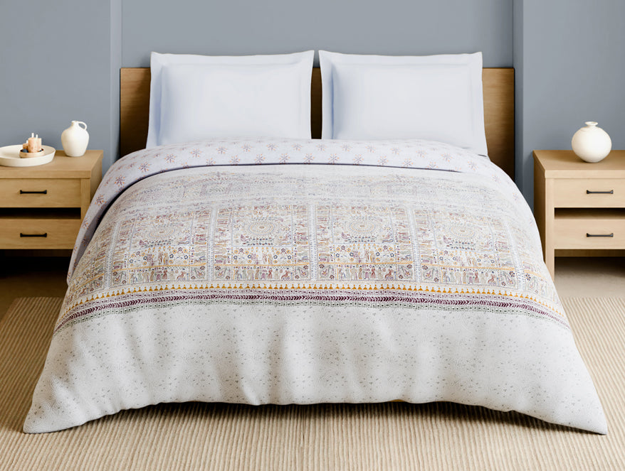 Rangana Multi 100% Cotton Double Quilt, 210 TC, Ornate, White