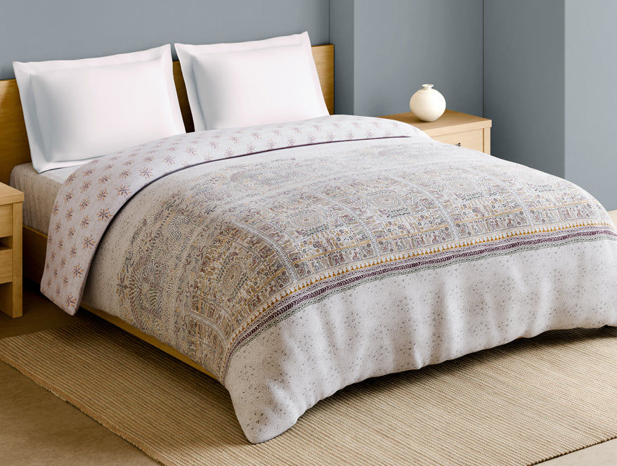 Rangana Multi 100% Cotton Double Quilt, 210 TC, Ornate, White