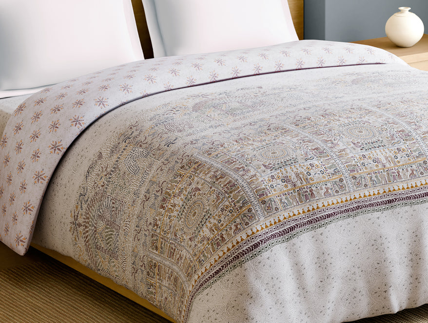 Rangana Multi 100% Cotton Double Quilt, 210 TC, Ornate, White