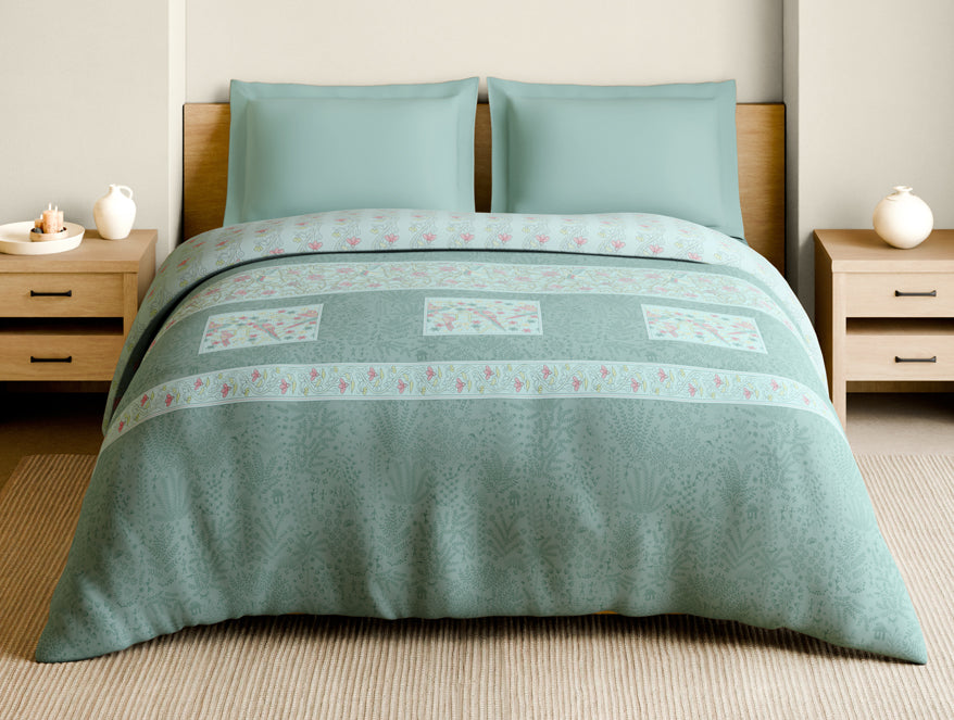 Rangana Muted 100% Cotton Double Quilt, 210 TC, Floral, Light Blue