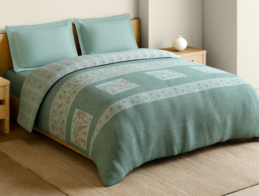 Rangana Muted 100% Cotton Double Quilt, 210 TC, Floral, Light Blue