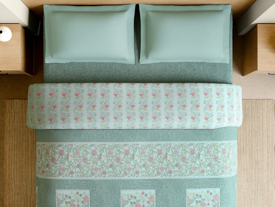 Rangana Muted 100% Cotton Double Quilt, 210 TC, Floral, Light Blue