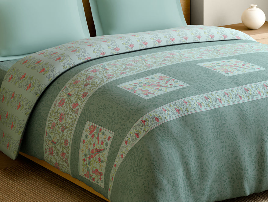 Rangana Muted 100% Cotton Double Quilt, 210 TC, Floral, Light Blue