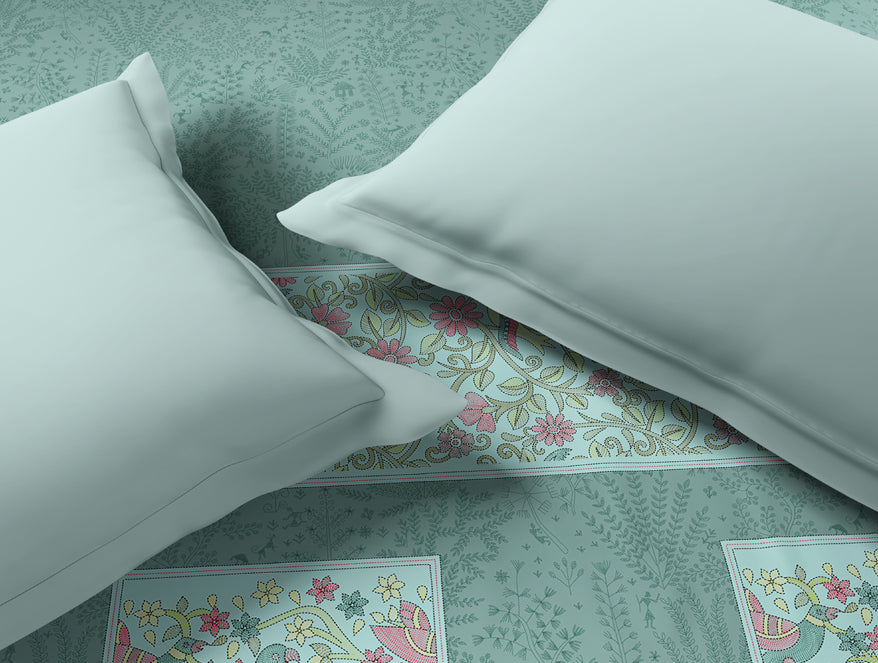 Rangana Muted 100% Cotton Double Quilt, 210 TC, Floral, Light Blue