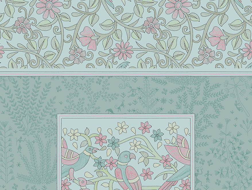 Rangana Muted 100% Cotton Double Quilt, 210 TC, Floral, Light Blue