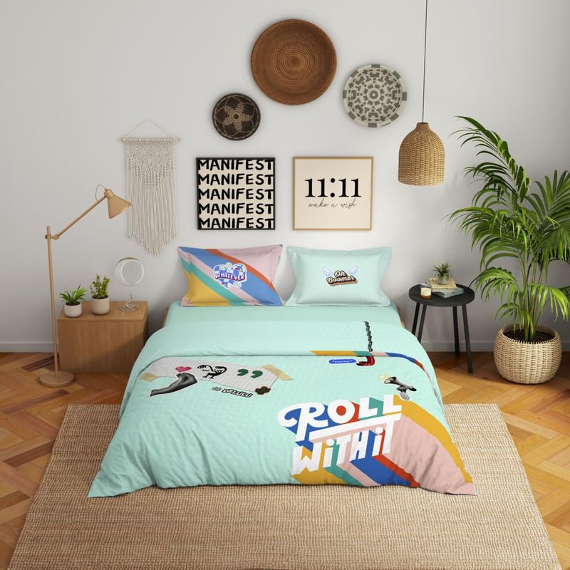 Genz 100% Cotton Large Bedsheet, 180 TC, Characters, Light Aqua