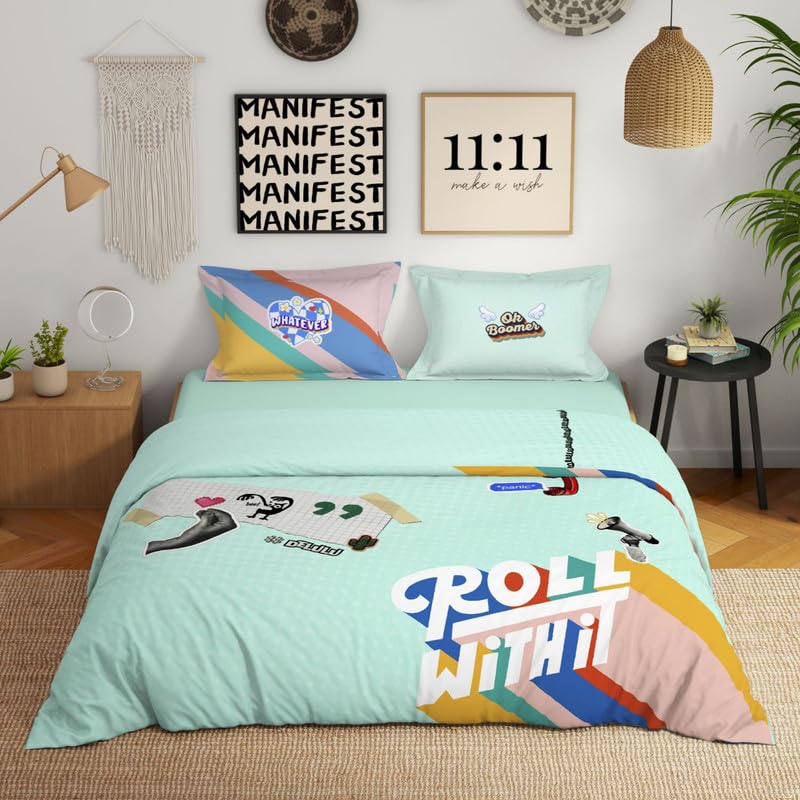 Genz 100% Cotton Large Bedsheet, 180 TC, Characters, Light Aqua