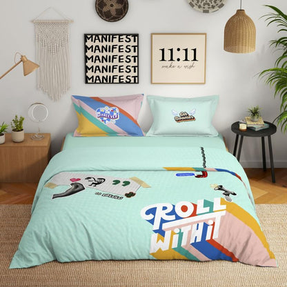 Genz 100% Cotton Large Bedsheet, 180 TC, Characters, Light Aqua