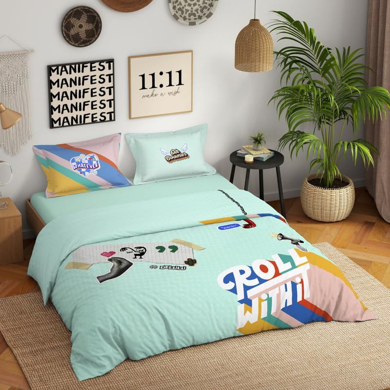 Genz 100% Cotton Large Bedsheet, 180 TC, Characters, Light Aqua
