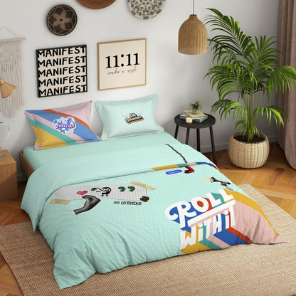 Genz 100% Cotton Large Bedsheet, 180 TC, Characters, Light Aqua