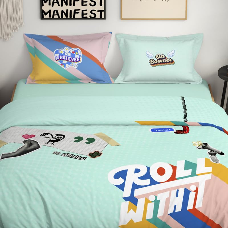 Genz 100% Cotton Large Bedsheet, 180 TC, Characters, Light Aqua