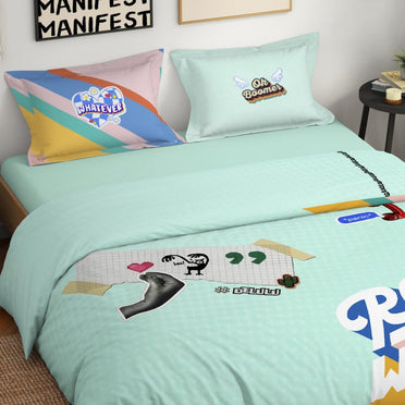 Genz 100% Cotton Large Bedsheet, 180 TC, Characters, Light Aqua