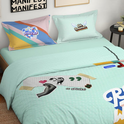 Genz 100% Cotton Large Bedsheet, 180 TC, Characters, Light Aqua