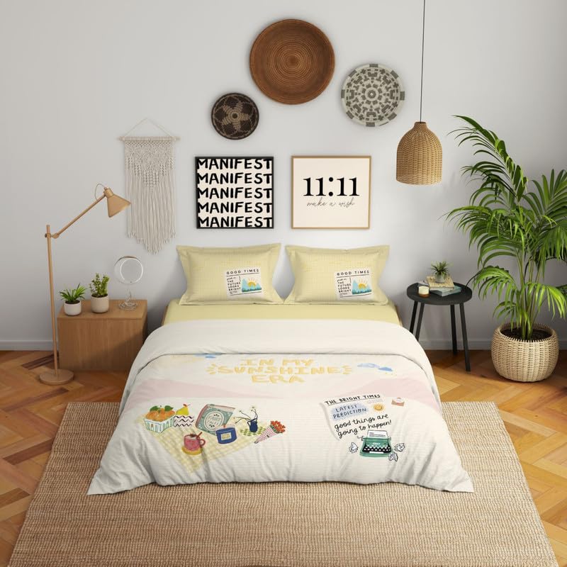 Genz 100% Cotton Large Bedsheet, 180 TC, Characters, Cream