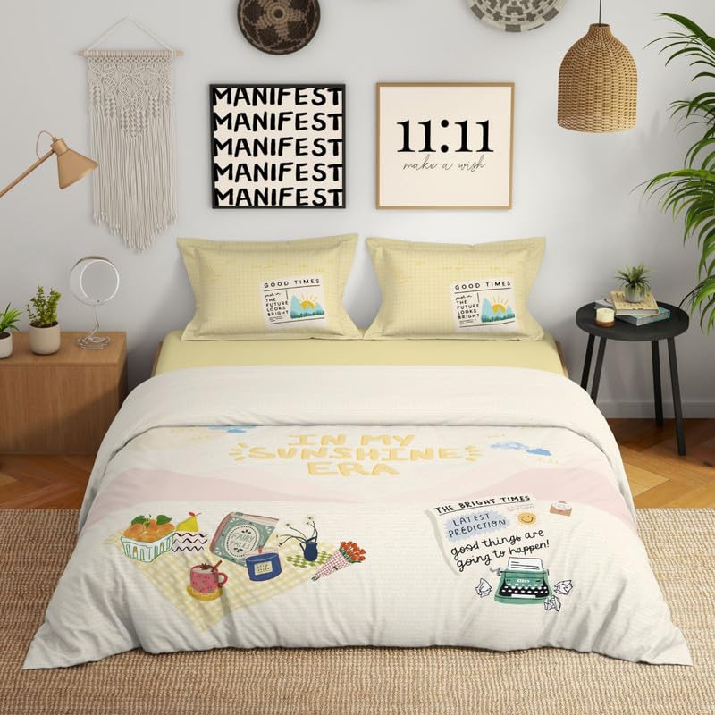 Genz 100% Cotton Large Bedsheet, 180 TC, Characters, Cream