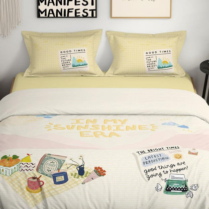 Genz 100% Cotton Large Bedsheet, 180 TC, Characters, Cream