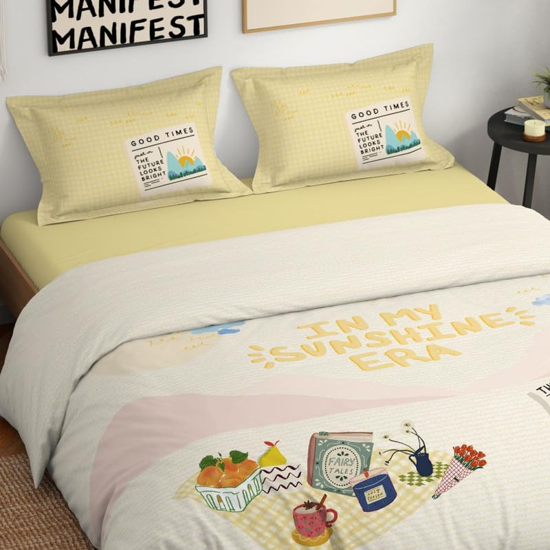 Genz 100% Cotton Large Bedsheet, 180 TC, Characters, Cream