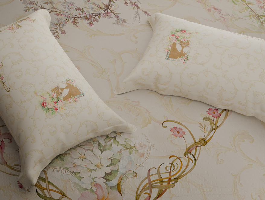 Organic Cotton Large Bedsheet, 180 TC, Ornate, Cream