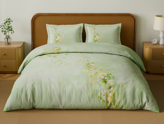 Organic Cotton Large Bedsheet, 180 TC, Floral, Light Green