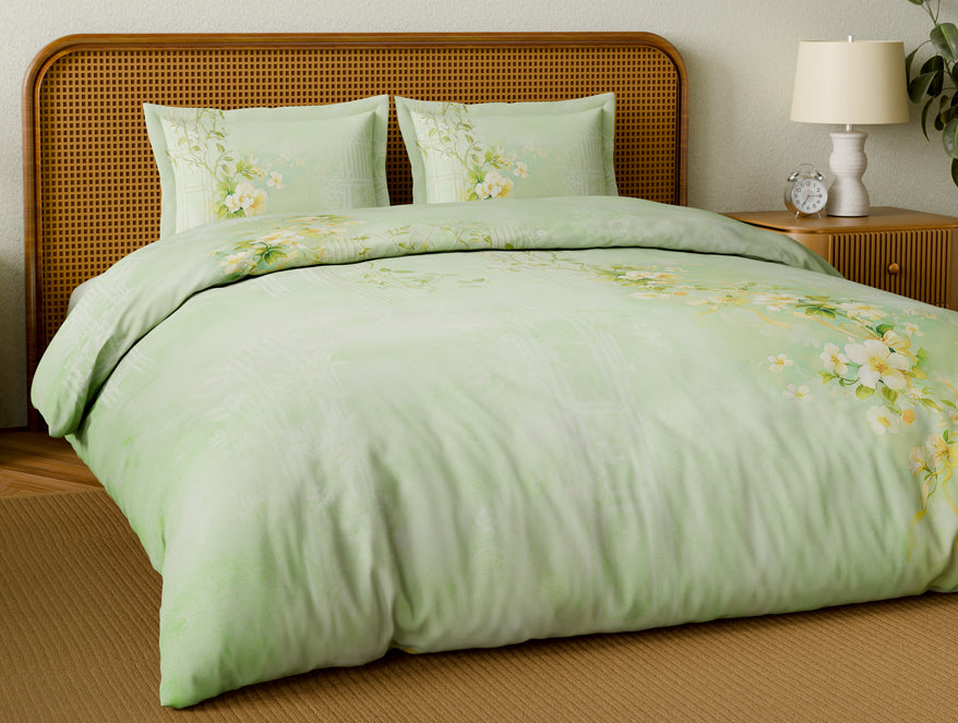 Organic Cotton Large Bedsheet, 180 TC, Floral, Light Green