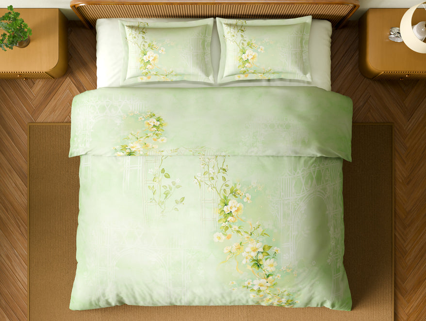 Organic Cotton Large Bedsheet, 180 TC, Floral, Light Green