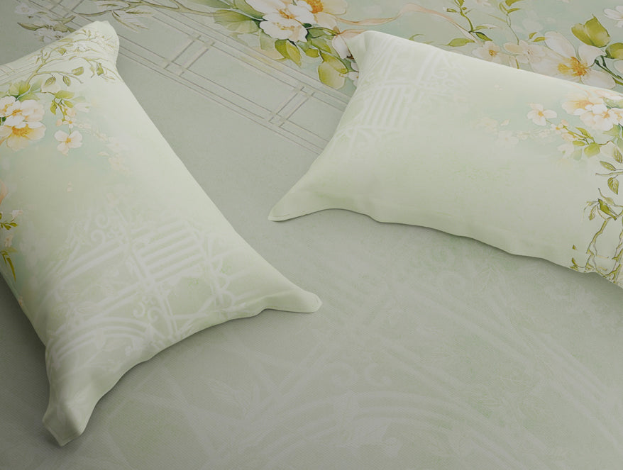 Organic Cotton Large Bedsheet, 180 TC, Floral, Light Green