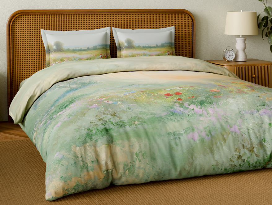 Organic Cotton Large Bedsheet, 180 TC, Floral, Light Green