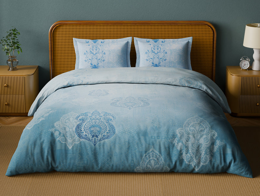 Organic Cotton Large Bedsheet, 180 TC, Ornate, Light Blue