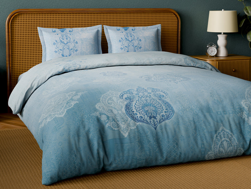 Organic Cotton Large Bedsheet, 180 TC, Ornate, Light Blue