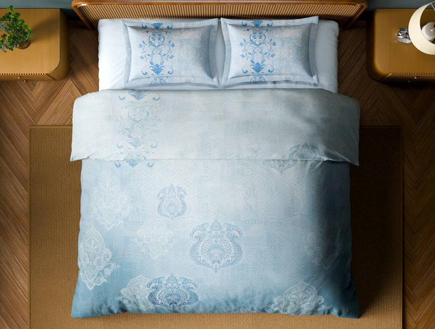 Organic Cotton Large Bedsheet, 180 TC, Ornate, Light Blue