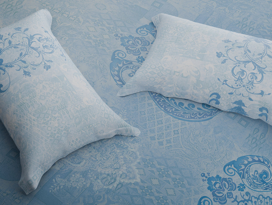 Organic Cotton Large Bedsheet, 180 TC, Ornate, Light Blue
