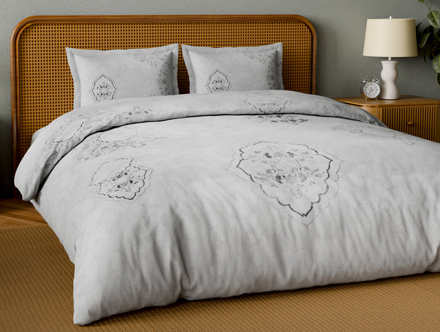 Organic Cotton Large Bedsheet, 180 TC, Ornate, Light Grey