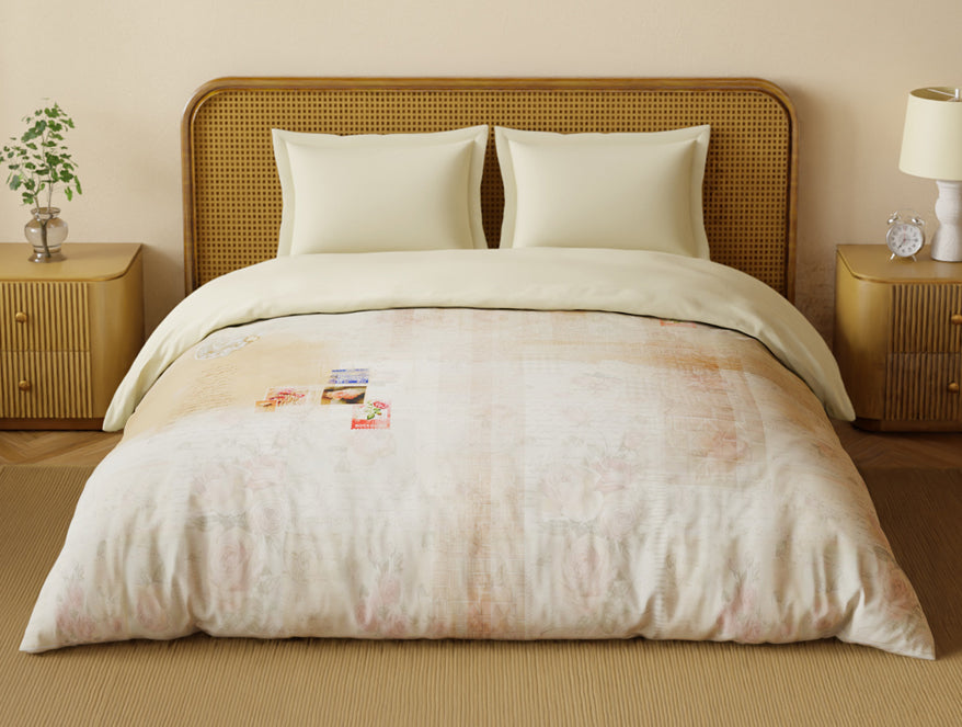 Organic Cotton Double Quilt, 180 TC, Floral, Light Peach