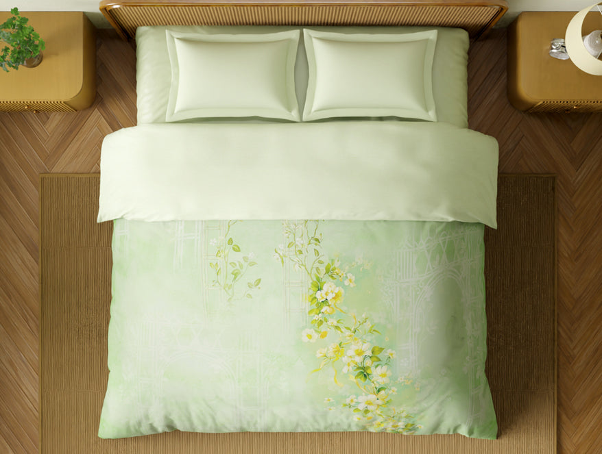 Organic Cotton Double Quilt, 180 TC, Floral, Light Green