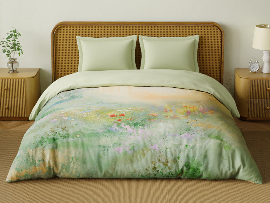 Organic Cotton Double Quilt, 180 TC, Floral, Light Green