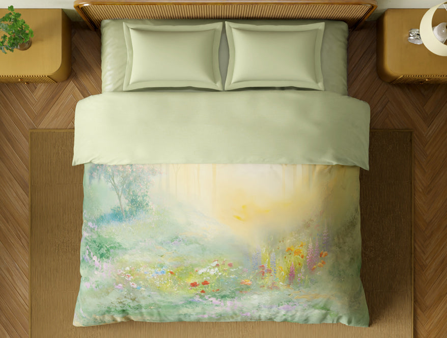 Organic Cotton Double Quilt, 180 TC, Floral, Light Green