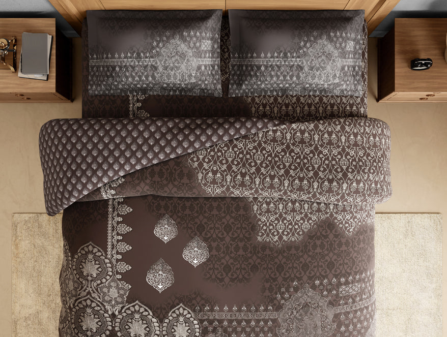 Rangana Digital 100% Cotton Large Bedsheet, 300 TC, Ornate, Dark Brown