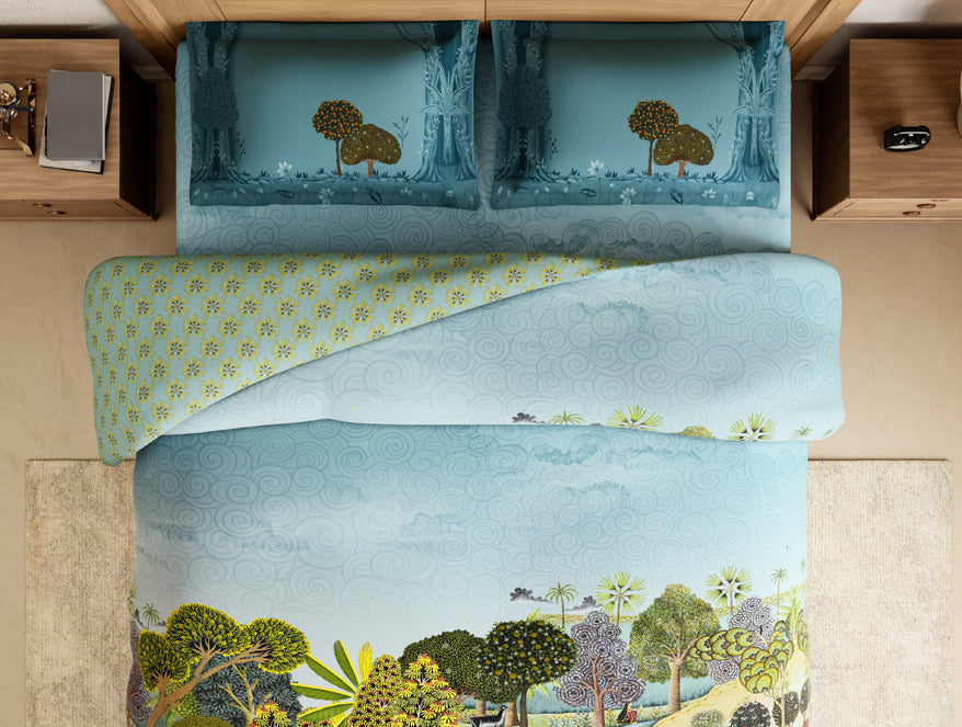 Rangana Digital 100% Cotton Large Bedsheet, 300 TC, Ornate, Light Aqua