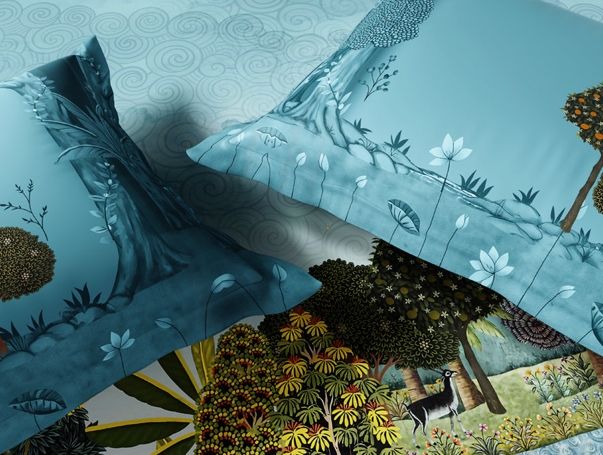 Rangana Digital 100% Cotton Large Bedsheet, 300 TC, Ornate, Light Aqua