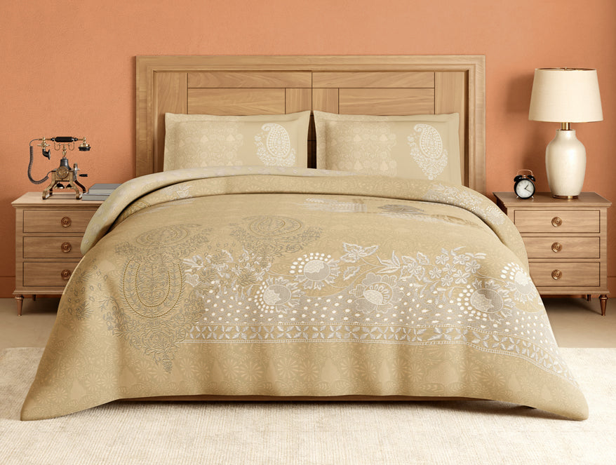 Rangana Digital 100% Cotton Large Bedsheet, 300 TC, Ornate, Light Taupe
