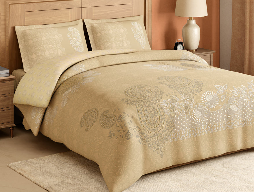 Rangana Digital 100% Cotton Large Bedsheet, 300 TC, Ornate, Light Taupe