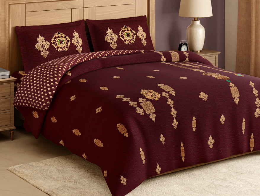 Rangana Digital 100% Cotton Large Bedsheet, 300 TC, Ornate, Dark Red