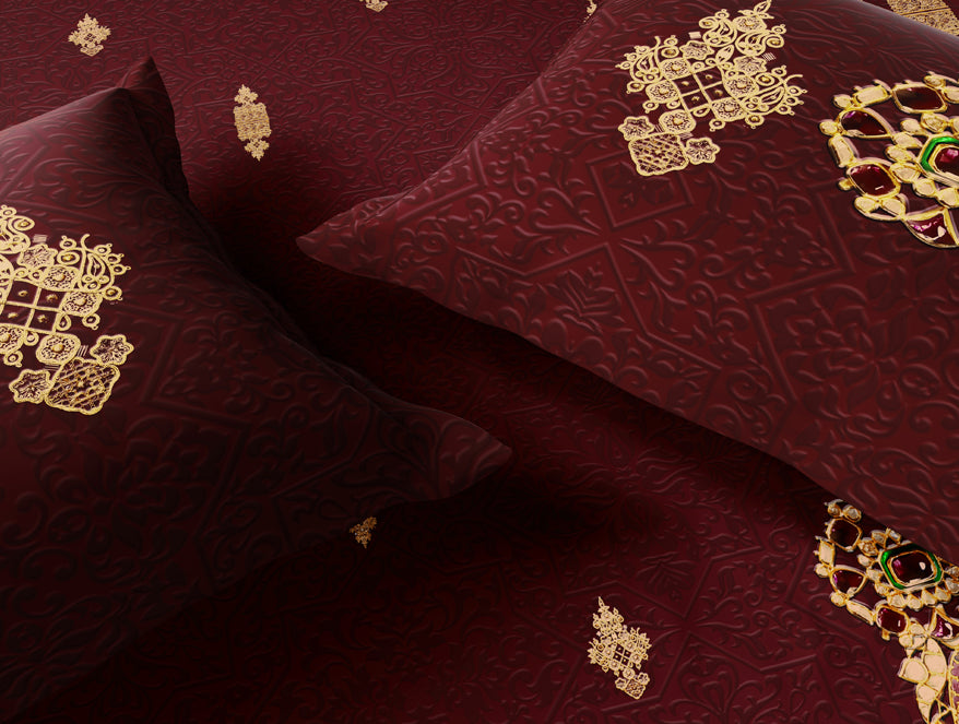 Rangana Digital 100% Cotton Large Bedsheet, 300 TC, Ornate, Dark Red