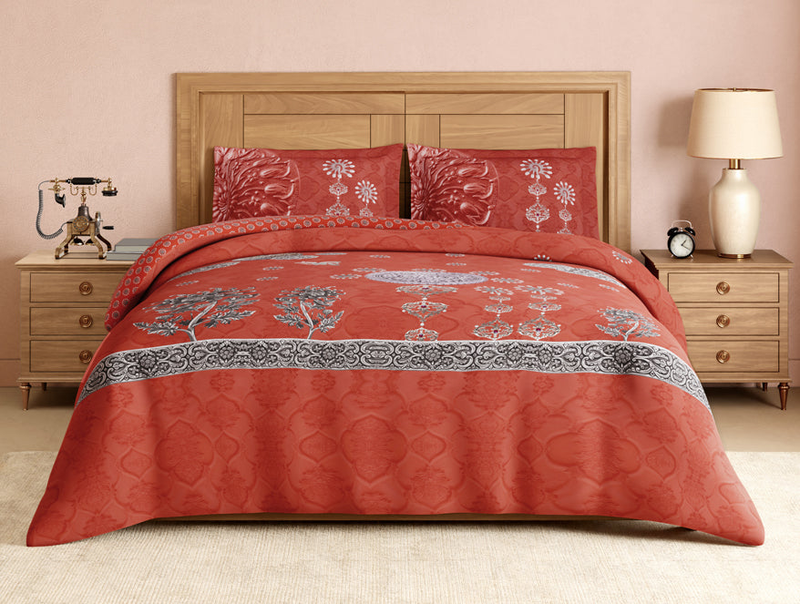 Rangana Digital 100% Cotton Large Bedsheet, 300 TC, Ornate, Coral