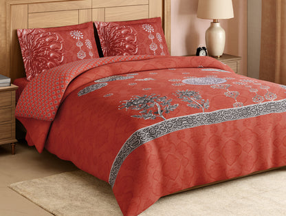 Rangana Digital 100% Cotton Large Bedsheet, 300 TC, Ornate, Coral