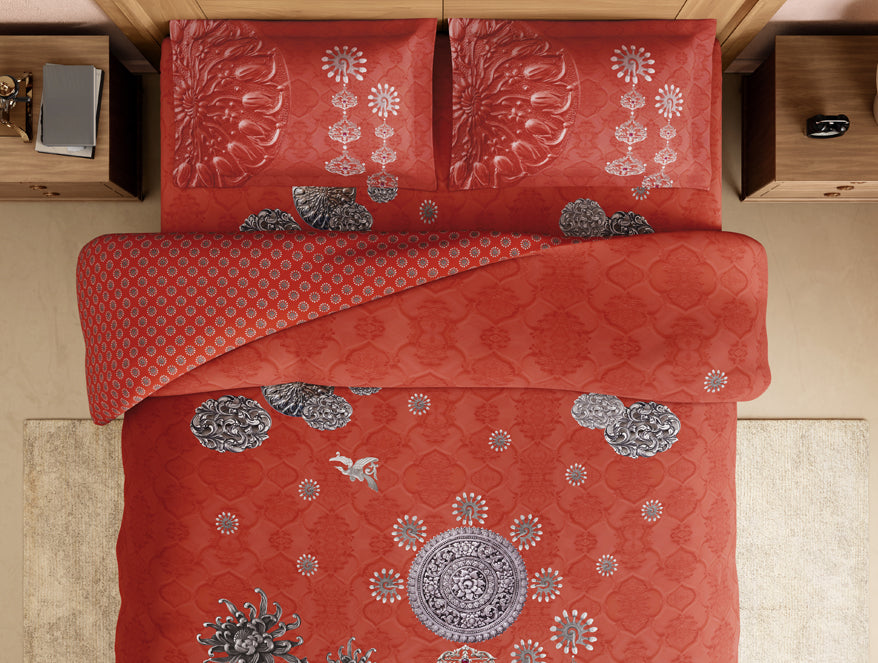 Rangana Digital 100% Cotton Large Bedsheet, 300 TC, Ornate, Coral