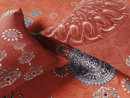 Rangana Digital 100% Cotton Large Bedsheet, 300 TC, Ornate, Coral