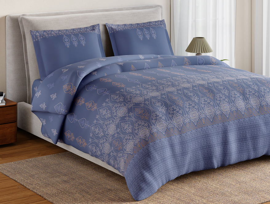 Essentials 100% Cotton Large Bedsheet, 144 TC, Ornate, Blue